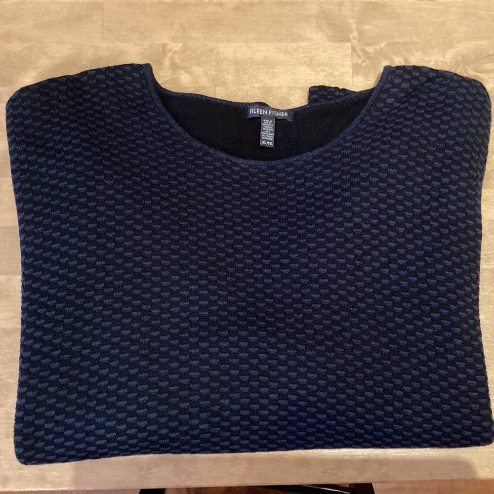 Eileen Fisher Scoop Neck Split Back Layered Sweater Black & Navy Size XL